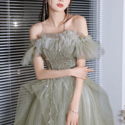 Green Tulle Beaded Long Prom Dress, A-line Formal..