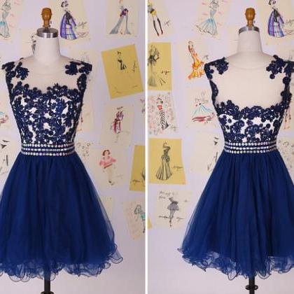 Navy Blue Beading Lace Short Prom Dress/lace Knee..