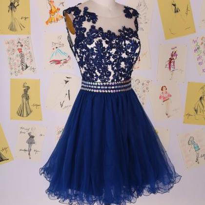 Navy Blue Beading Lace Short Prom D..