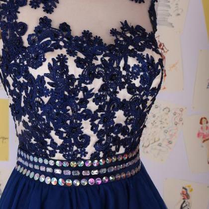Navy Blue Beading Lace Short Prom D..