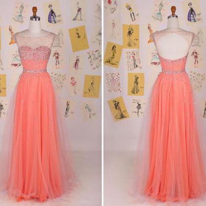 Sweet Coral Cap Sleeve Beading Long Prom..