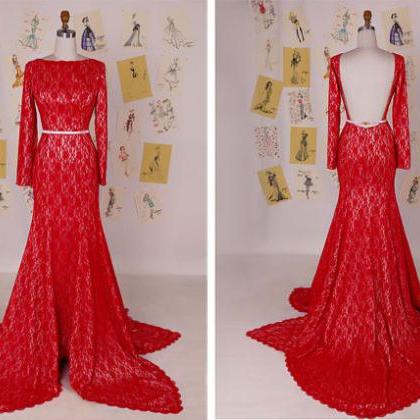 Red Long Sleeves Lace Mermaid Prom Dress/red..