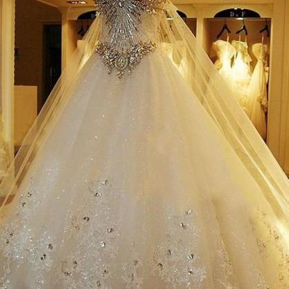 Luxury Crystal Wedding Dresses Lace Cathedral Lace-up Back Bridal Gowns ...