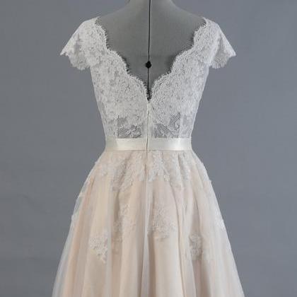 V-neck Lace Tulle A-line Wedding Dress With Cap..