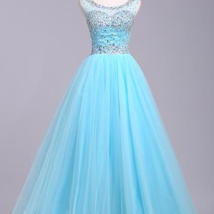 Scoop Neck A-line Long Tulle Prom Dresses Crystal..