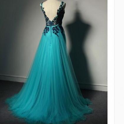 Lace High Neck Prom Gowns,ice Blue Backless Long..