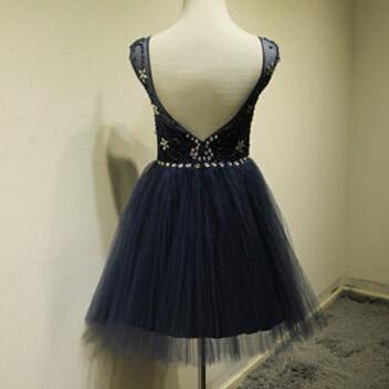 Scoop Neck A-line Short Tulle Crystal Beaded Party..