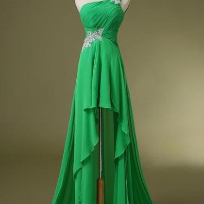 One Shoulder Long Chiffon Prom Dresses Crystals..
