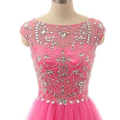Cap Sleeves Long Tulle Prom Dresses Crystals..