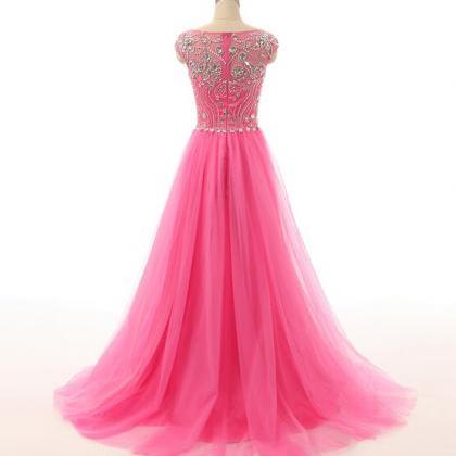 Cap Sleeves Long Tulle Prom Dresses Crystals..