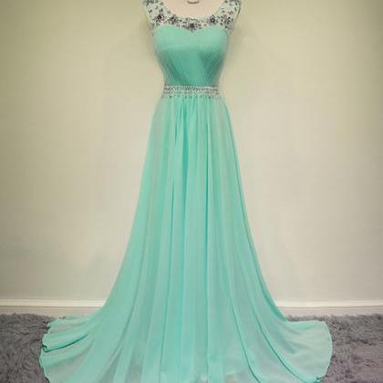 Scoop Neck Long Chiffon Prom Dresses Crystal..