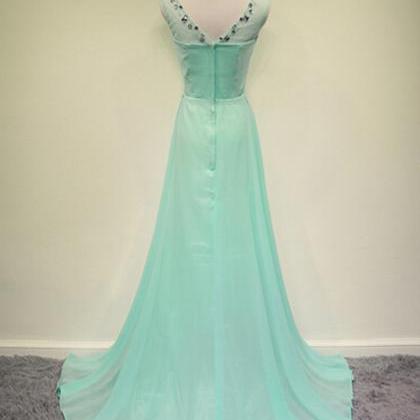 Scoop Neck Long Chiffon Prom Dresses Crystal..