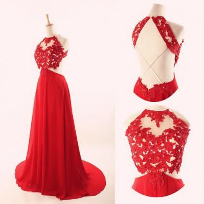 Charming Handmade Red Halter Long Chiffon Prom..