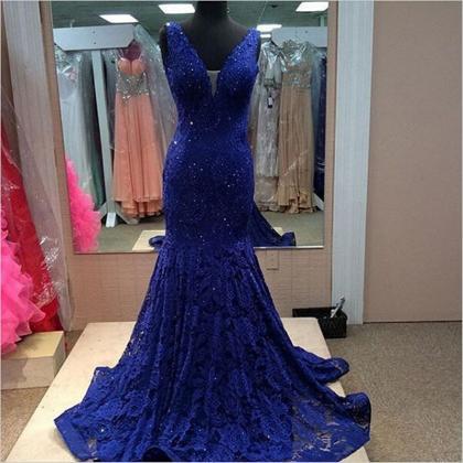2016 Luxury Lace Prom Dresses Navy Blue V-neck..