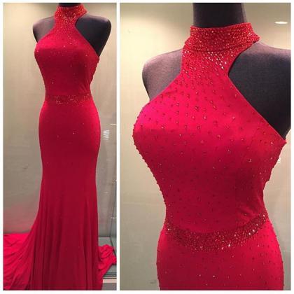 Red Halter Beading Prom Dresses,long Mermaid Party..