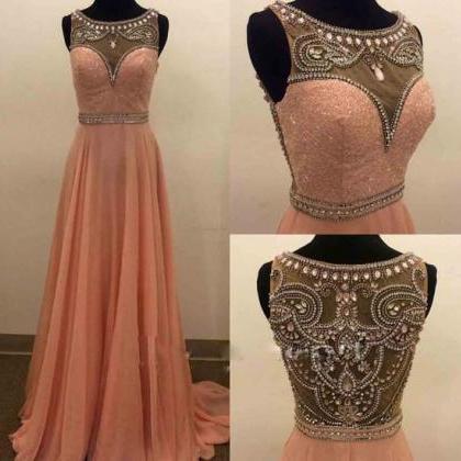 Charming Peach Prom Dress, Beading Prom Gowns, A..