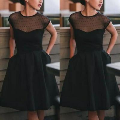 2018 Cheap Homecoming Dress Little Black Cocktail Dresses Sheer Jewel Neck Dotted Tulle Knee Length Party Formal Dress