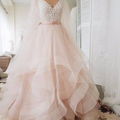 V-neckline Blush Wedding Dress,High Quality Lace Bridal Dress,Tiered Skirt Wedding Gown