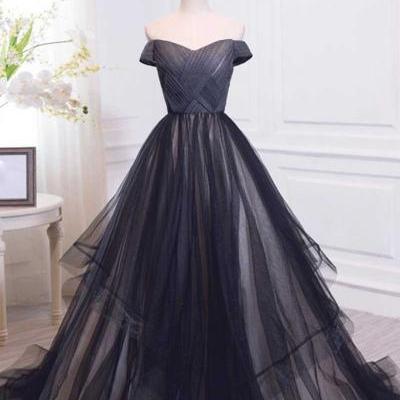 Black Tulle Long Prom Gown, Black Evening Party Dresses
