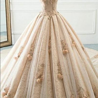 Princess Champagne Lace Off Shoulder Court Train Beaded Wedding Dress, Formal Prom Dress