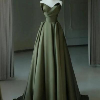 A-Line V Neck Satin Green Long Prom Dress, Green Long Evening Dress