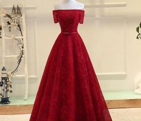 BurgundyA Line Lace Long Prom Dress, Burgundy Evening Dress on Luulla