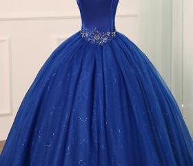 Royal Blue Tulle Tea Length Applique Round Neckline Formal Dress, Blue Wedding Party Dress main image 1