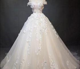 White Tulle Lace Applique Long Prom Formal Dress with Round Neck GJS175