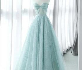 Blue Tulle Long A-Line Prom Dress with Lace    fg2227