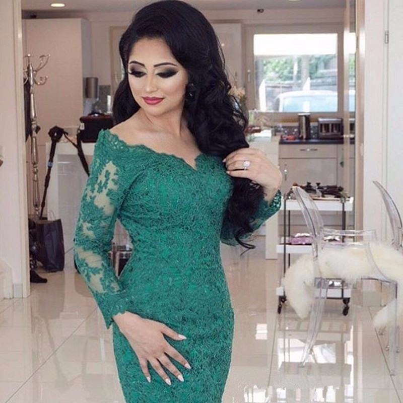 Long Sleeves Evening Dresses Western Styles Lace Beautiful Long Sleeves Evening Dresses Western Styles Lace Beautiful Tail Green Color Mermaid Gowns
