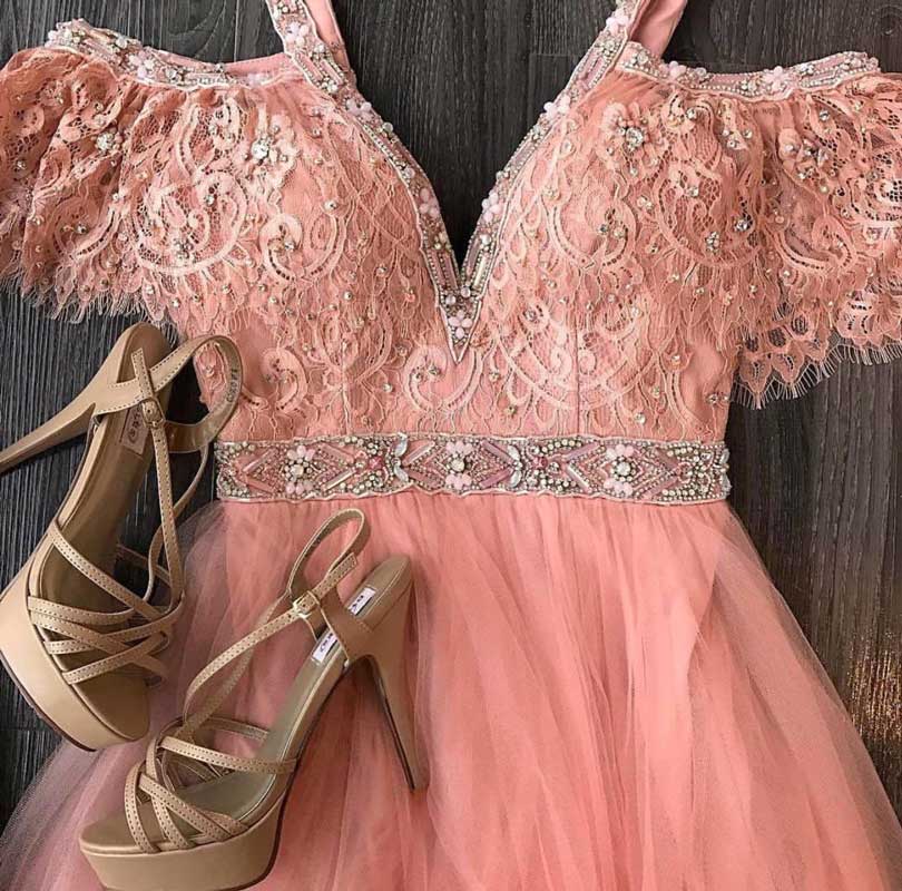 Cute Pink Lace Tulle Long Prom Dress, Pink Lace Evening Dresses