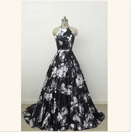 Cute Black And White Floral Satin Halte Prom Dress