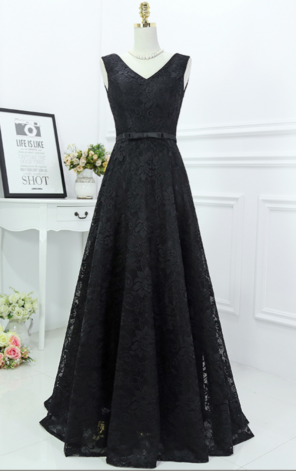 Black Lace Evening Formal Dress V Neck Sash A Line Party Prom Gowns ,long Prom Dresses.charming Prom Dresses