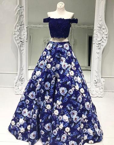 Two Pieces Off Shoulder Flower Special High Quality Long Floor-length Prom Dresses Gown, Formal Prom Gown