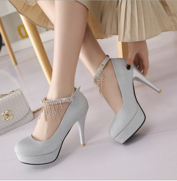 Stiletto High Heels Silver Pu Party Ankle Strap Pumps