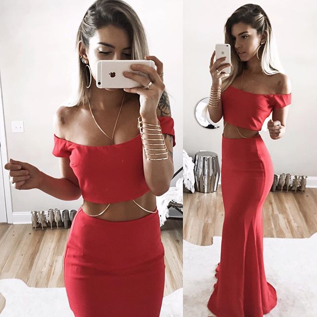 red two piece off the shoulder prom dress