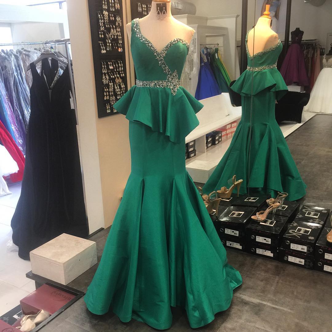 Emerald Satin Mermaid One Shoulder Evening Dress Long Ruffled Crystal ...