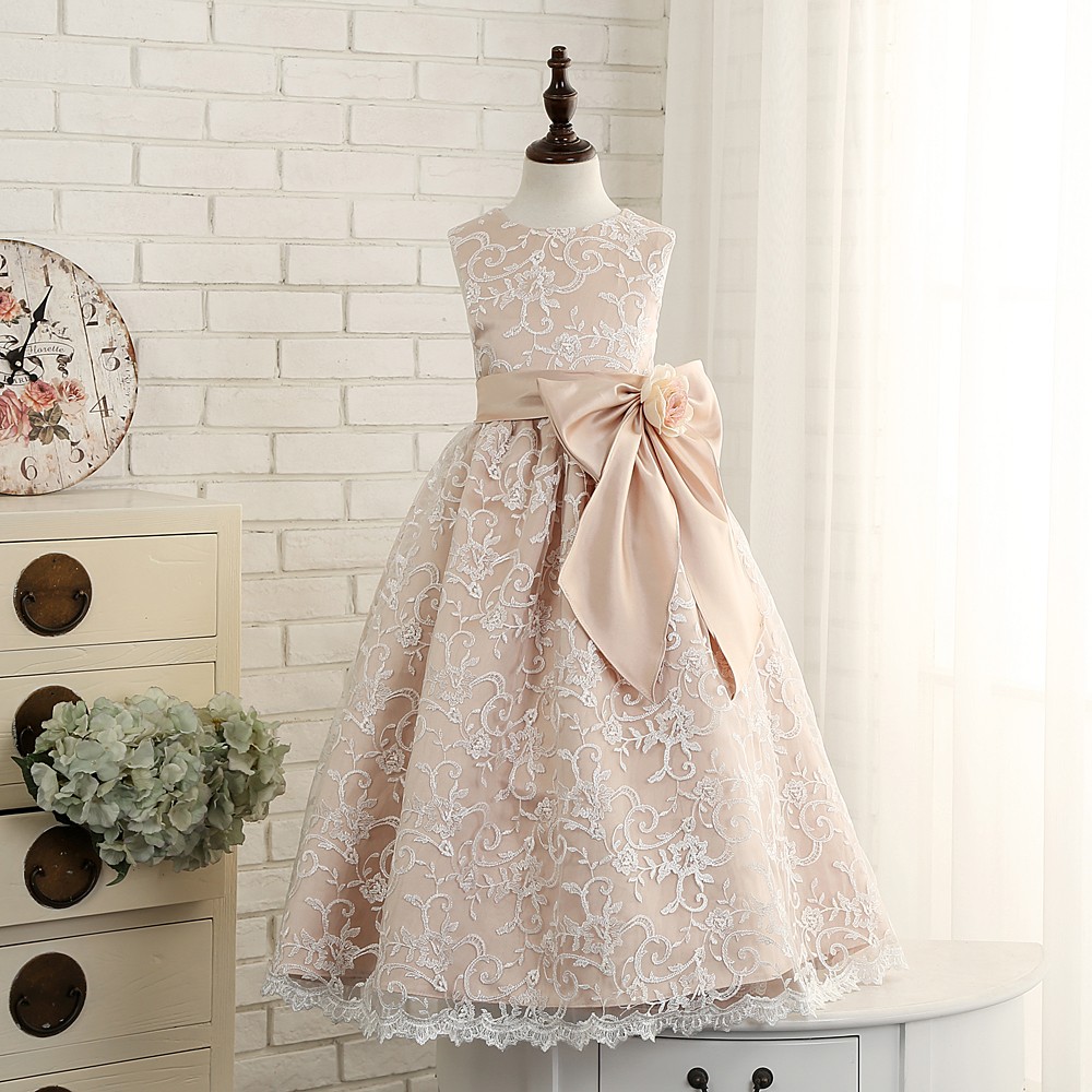 New Vintage lace flower girls dresses dancing party dress birthday bow custom communion Girls pink dress with bow