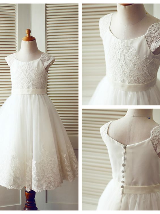 Ivory Flower Girl Dress With Lace Cap Sleeves