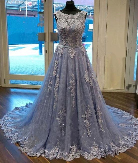 Unique Round Neck Lace Tulle Long Prom Dress, Lace Evening Dress, Dusty Blue Prom Dresses, Blue Lace Prom Dress, Modest Prom Dresses, Elegant