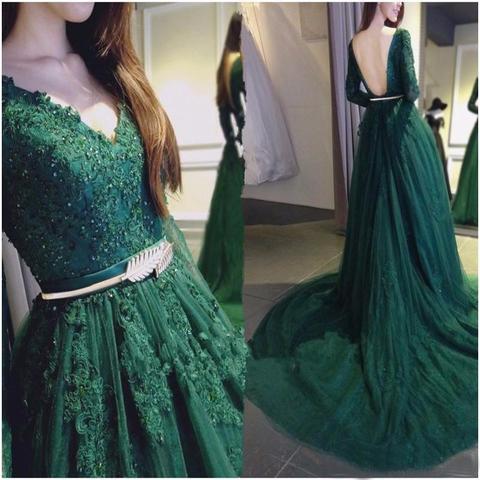 Dark Green Long Sleeve Prom Dress