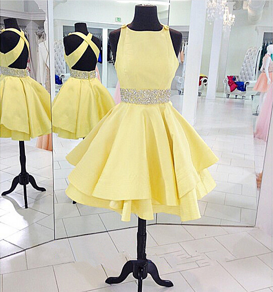 Yellow Cross Back Homecoming Dress Short Cute Party Dress With Beading