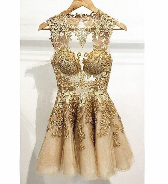 Stunning Gold Lace Appliqué Cocktail Party Dress on Luulla