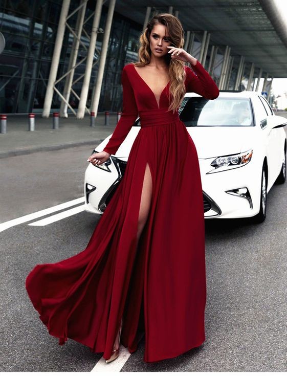 maroon long dress with sleeves