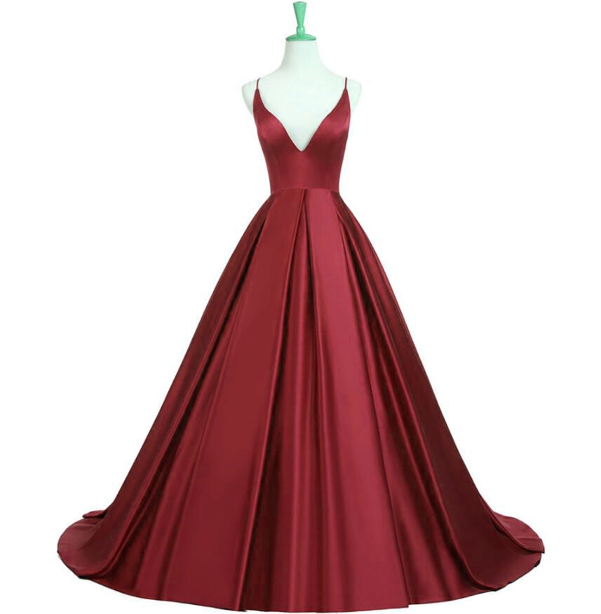 Custom Made Red Deep V-neckline Satin Strappy Cami A-line Long Formal Evening Dress, Formal Dress, Weddings, Prom Dress