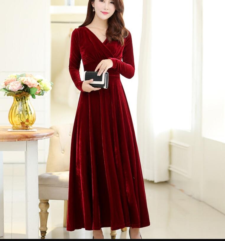 Wine Red A-line Long Sleeves Winter Dresses, Women Long Dresses, Velvet Dresses, Blue Vintage Dresses