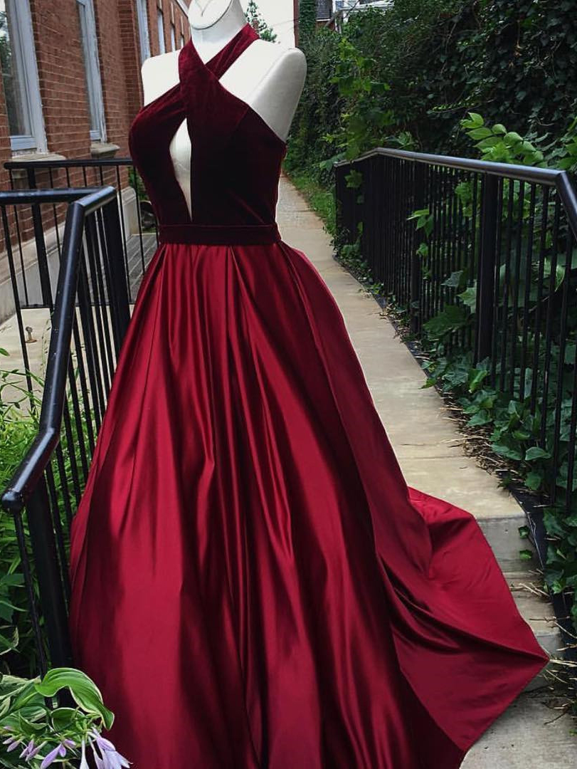 Unique A-line Halter Sleeveless Burgundy Long Prom/evening Dress With Keyhole