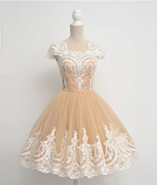 Vintage A-line Cap Sleeves Tulle Lace Champagne Short Homecoming Dress