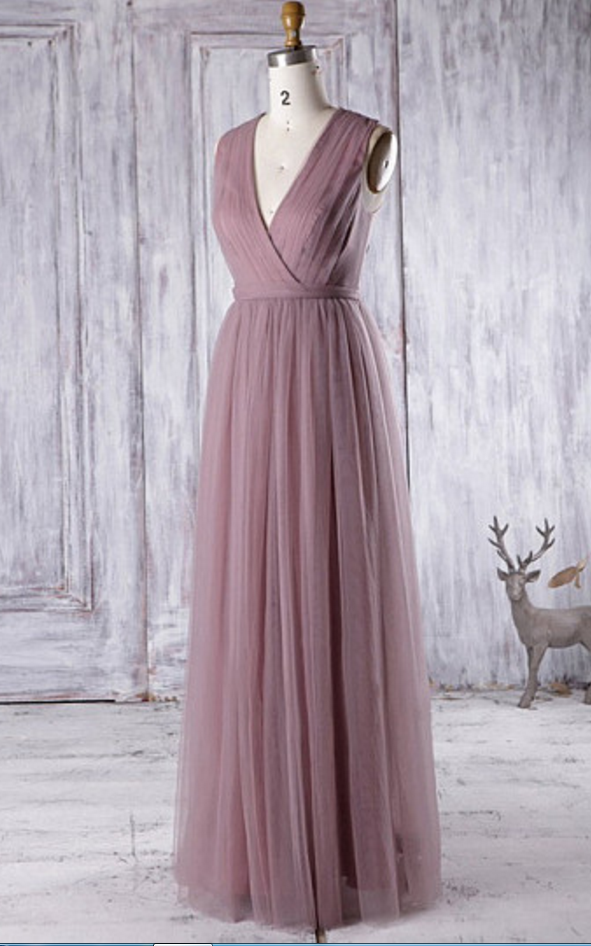 Tulle Plunge V Sleeveless Floor Length A-line Formal Dress, Prom Dress, Bridesmaid Dress
