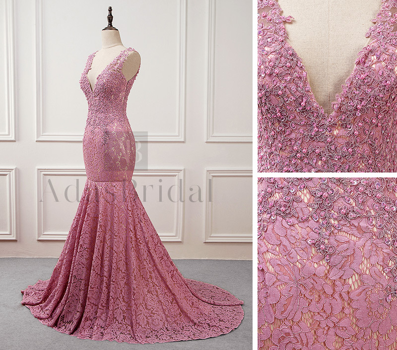 Delicate Lace V-neck Neckline Mermaid Evening Dresses With Beaded Lace Appliques
